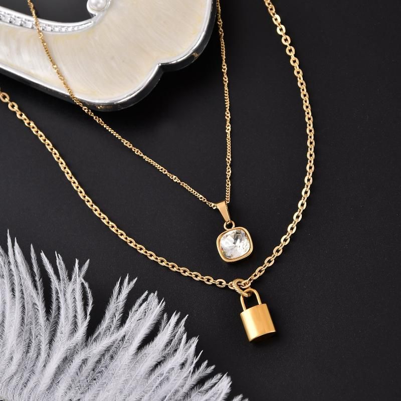 18K Gold Plated Necklace with Crystal Carat and Gold Lock Pendant Choker Layer Necklace for Women