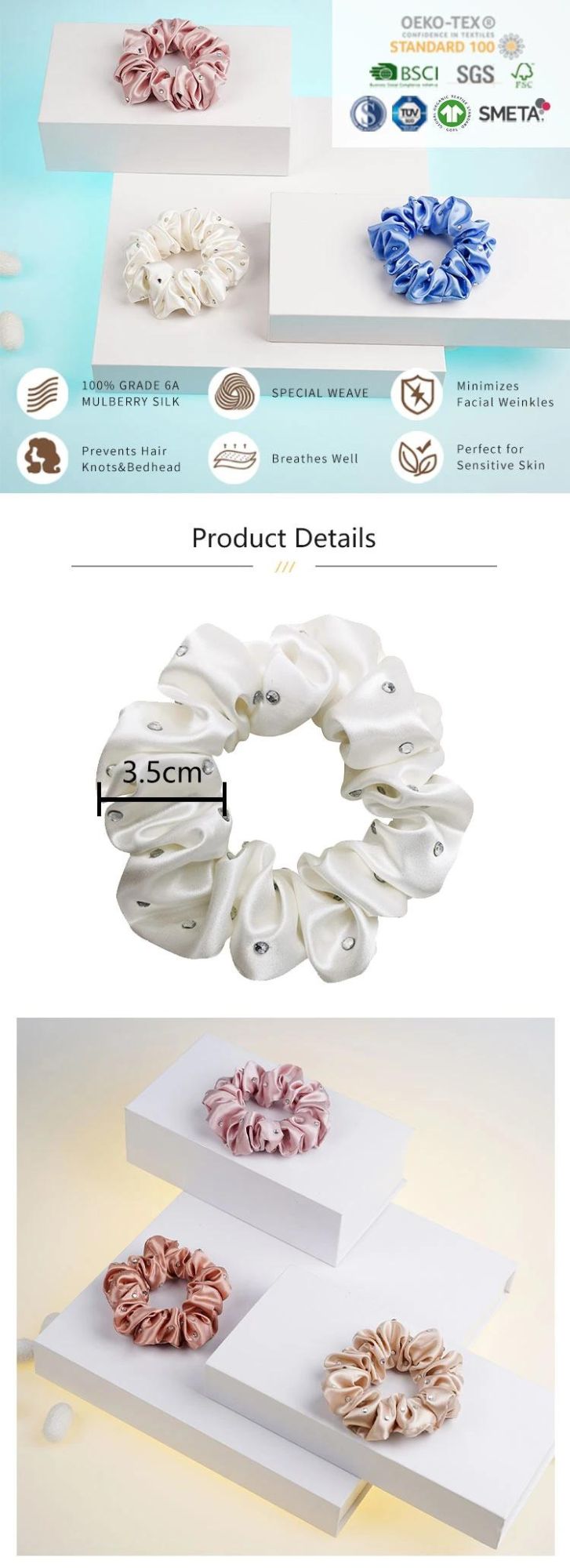 Wholesale Custom Large Silk Scrunchy Hair Ties with Luxury Crystal