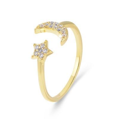 Trendy Factory 925 Sterling Silver Clear CZ Adjustable Open Star Moon Ring