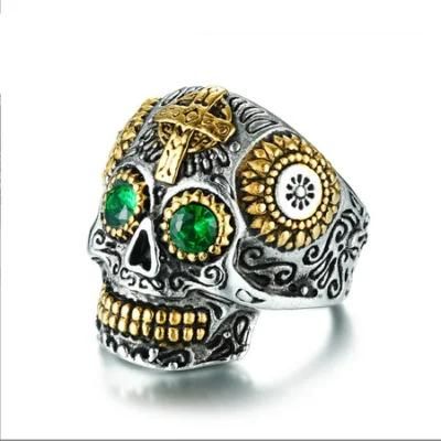 Tibetan Artifacts Jewelry Titanium Steel Casting Carved Gabala Head Green Eye Ring Skull Style Ring