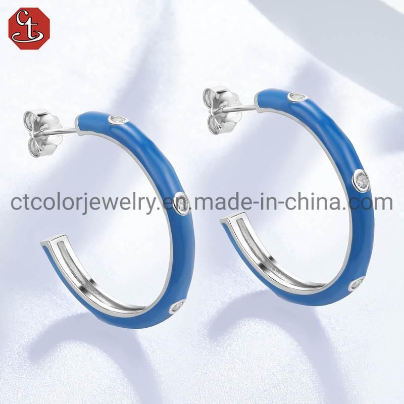 Fashion Jewelry 925 silver and brass blue Enamel Earring for women