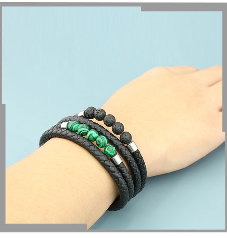 European and American Punk Stainless Steel Leather Magnetic Buckle Bead Bracelet