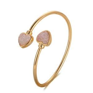 Heart Shape 24K Gold Plated Copper Jewelry Bracelet, Natural Druzy Stone Charm Bangle Bracelets for Women