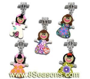 Mixed Polymer Clay Girl /Kids Charm Dangle Beads Fit European Charm 41x18mm, Sold Per Packet of 10 (B09412)
