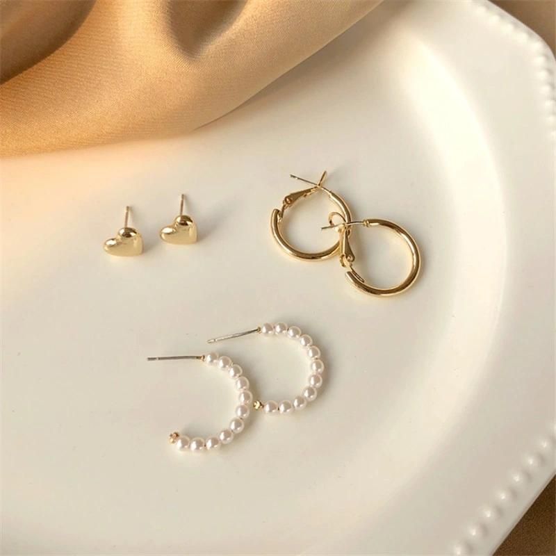 Manufacture Best Seller Basic Style 3 Packs Multiple Earrings for Women Girls Metal and Pearl Hoop Heart Stud