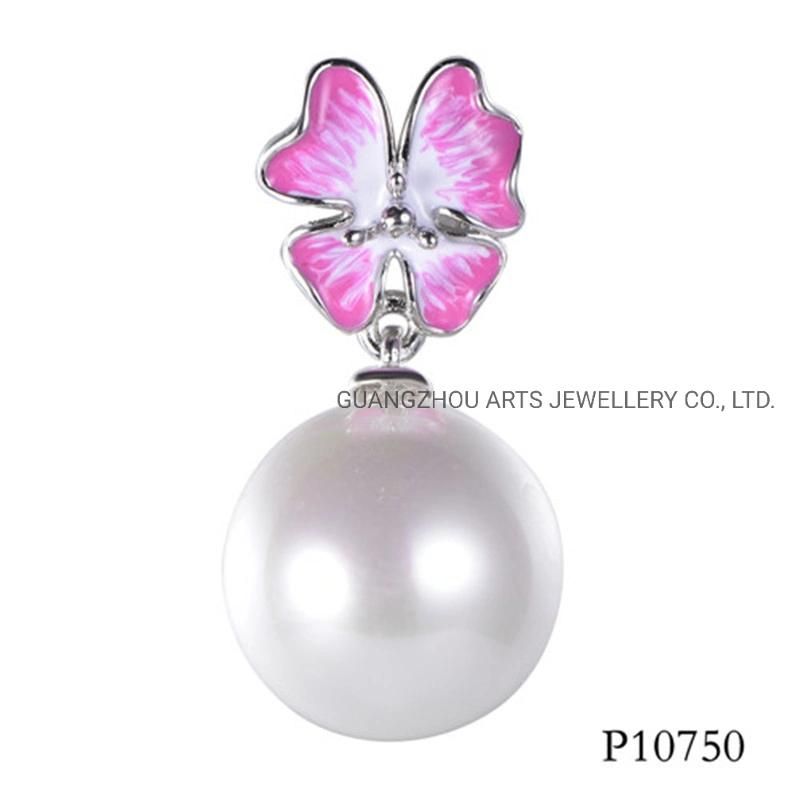 Pink Enamel Flower with a Drop Pearl Silver Pendant