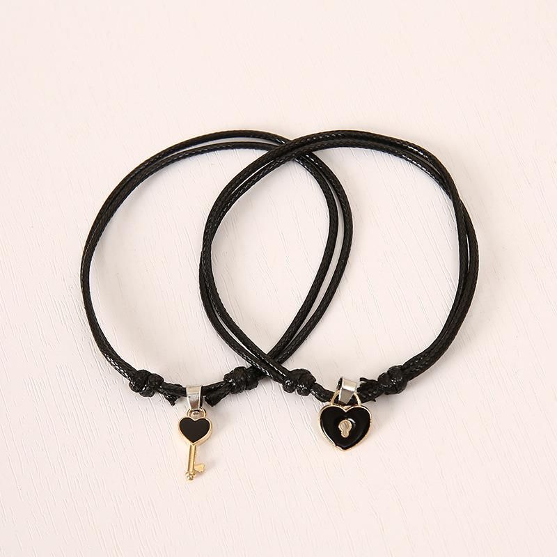 Key Lock Couple Bracelet Leather Double Layer Black Adjustable Minimalism Personality Bracelet