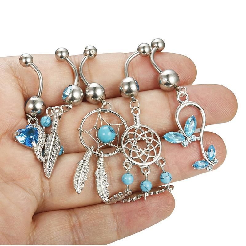 5 PCS Dangle Belly Button Rings for Women 316L Surgical Steel Curved Navel Barbell Body Jewelry Piercing