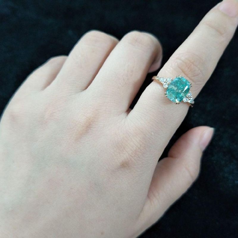 Custom Design Women 2.5CT Elongate Cushion Green Moissanite Engagement Ring