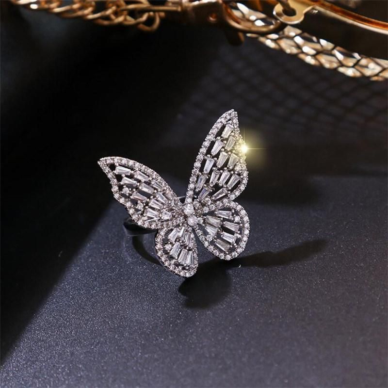 Women Rings Butter-Fly Shape Zircon Silver Plated Open Rings Fashion Glamour Engagement Rings Birthday Gift for Girlfriend