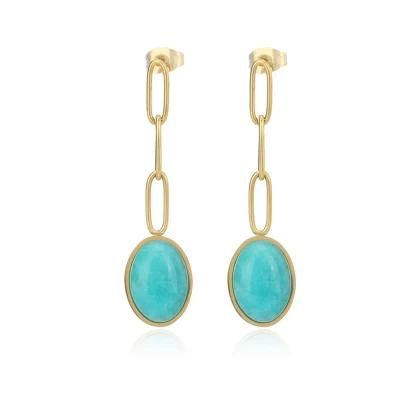 18K Gold Plated 3 Cuban Link Chain Oval Green Natural Marbling Semiprecious Stone Pendant Earrings for Women Fashion Jewelry Earrings Gift