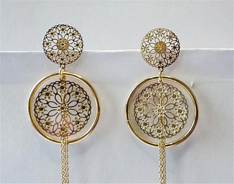 Round Filigree Cut out Long Chain Drop Stud Earring with Round Circle Ears for Fashion Accessories Bijoux