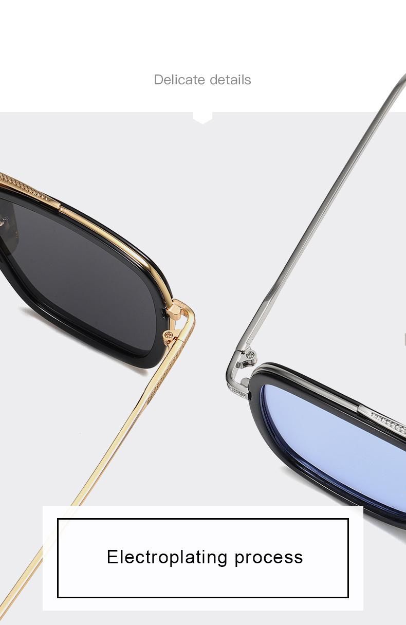 2021 Stylish Unisex Square Metal Frame Golden Double Bridge Pilot Sunglasses PC Lenses Electroplating Process