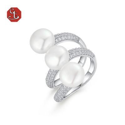 Spiral Adjustable Silver Ring with Natural Pearl Hot Selling Silver Ring Inlaid Cubic Zircon