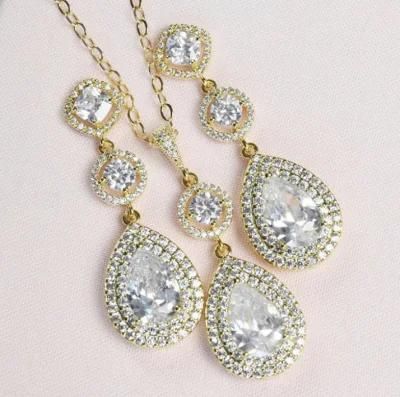 Wedding CZ Jewelry, Bridal Teardrop Necklace and Earring Set, Crystal CZ Jewelry,