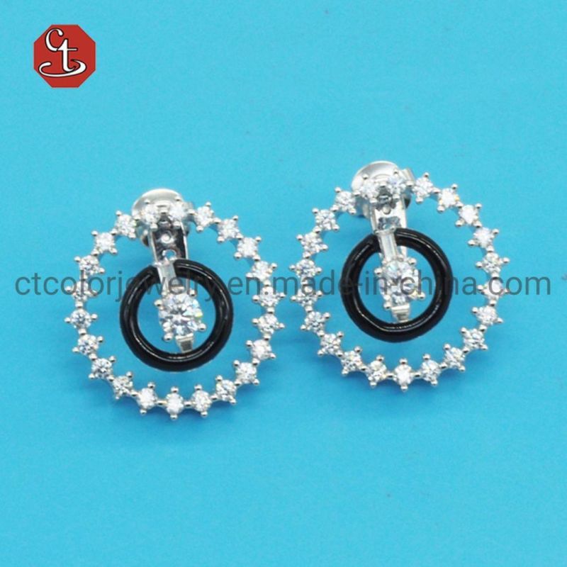 Circle Shape CZ with Green Enamel Earring Rose Gold&Rhodium Earring Sterling 925 Silver Jewelry