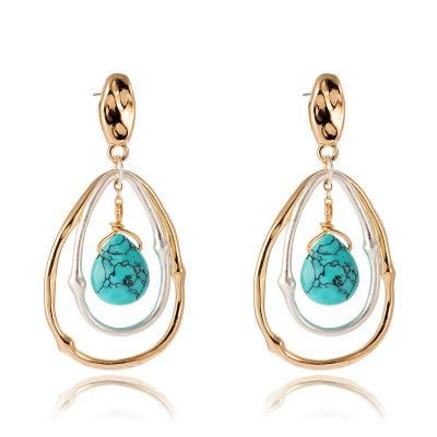 Manufacture New Design Gold Matte Sterling Silver 2 Tone Plated Color Teardrop Drop Earrings with Natural Turquoise Semiprecious Stone Drop