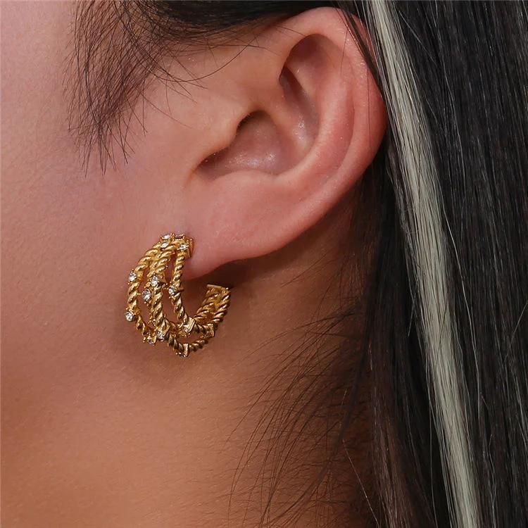Factory Wholesale Custom Fashion High-End Jewelry PVD 18K Gold-Plated Stainless Steel Three Wire Tube Three Hoop Gold Earrings