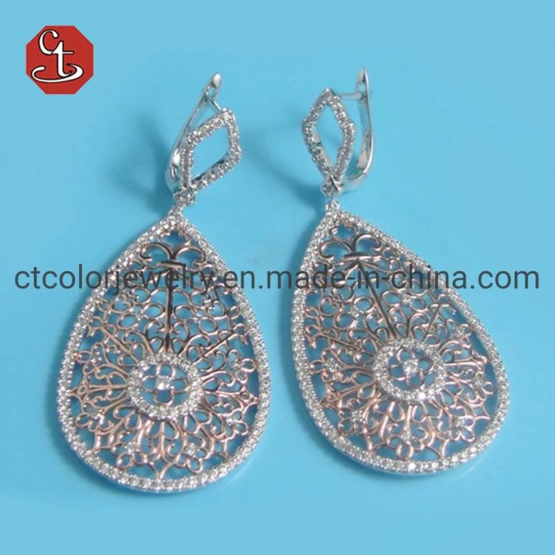 Peacock Feather Plain And CZ Line Dangle Drop White And Black Earring Fashion Silver Jewelry