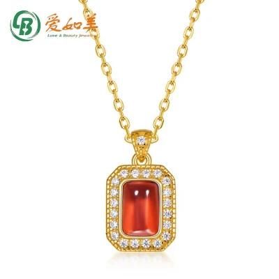 Women 14K Gold Plated Rectangle Shape Red Garnet Necklace