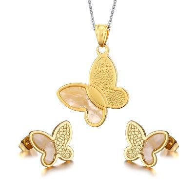 18K Gold Butterfly Stud Earrings Necklace Set for Women Girl