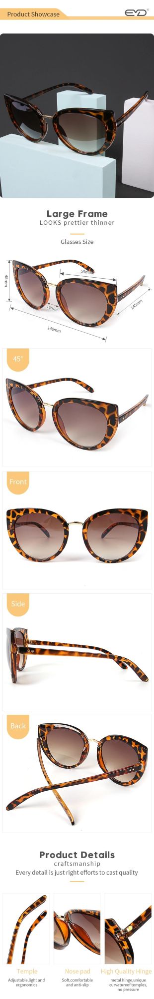 Custom Cat Eye Sunglasses PC Frame Sun Glasses Men Women Unisex Fashion Eyeglass with M Nail Decorated