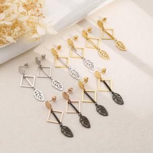 Diamond Long Leaf Pendant Gold Plated Stainless Steel Earrings Stud