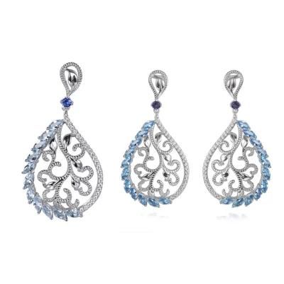 2022 Fashion Silver or Brass Blue Glass Flower Earring Pendant Female Jewelry Set