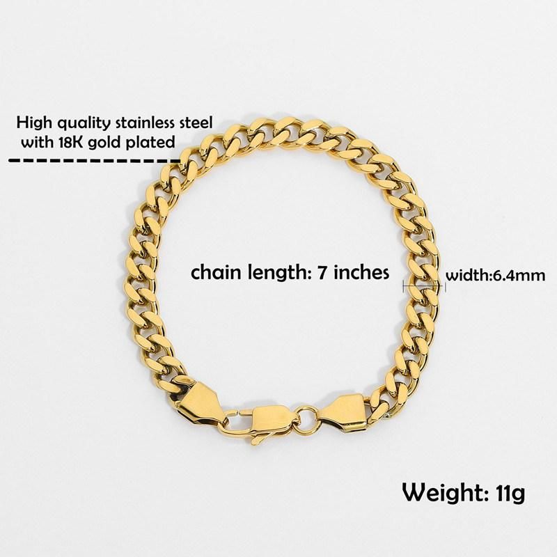 Stainless Steel Chain Link Bracelet with 6.4mm Chain Width 18K Gold Plated for Women