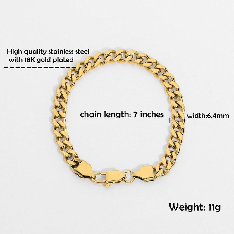 Stainless Steel Chain Link Bracelet with 6.4mm Chain Width 18K Gold Plated for Women