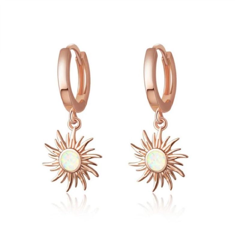 Rose Gold Plated Hypoallergenic Minimalist Ear Jewelry Small Huggie Hoop Opal Sun Dangling Earrings