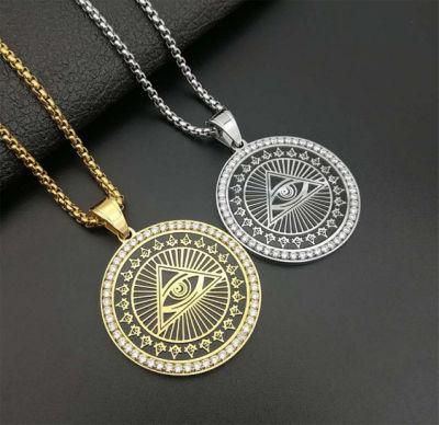 Hip-Hop Hiphop Tide Brand Titanium Steel Gold-Plated Diamonds God&prime;s Eye AG Masonic Pendant for Men and Women Spt2621