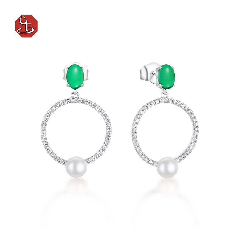 925 Sterling Silver Fashion Jewelry Pearl Round CZ Stud Earrings