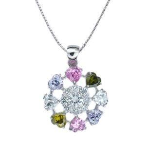 Sterling Silver Flower with Color Heart Shaped CZ Pendant (311387)