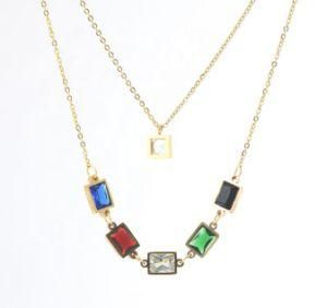 Fashion Wholesale Women 2 Layers Gold Plated Stainless Steel Colorful Cubic Zirconia Necklace Jewelry