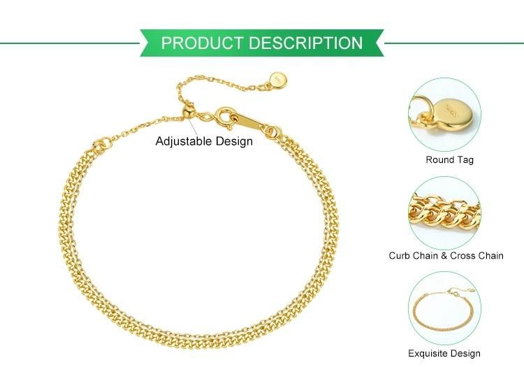 OEM/ODM Adjustable 925 Sterling Silver Curb Chain and Cross Chain Double Layered Bracelets Gold Plated 2 Layered Women Bracelet