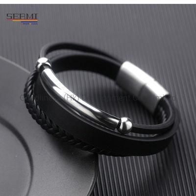 Fashion Stainless Steel Luxury Brand Gold Bangle Mens Leather Bracelet