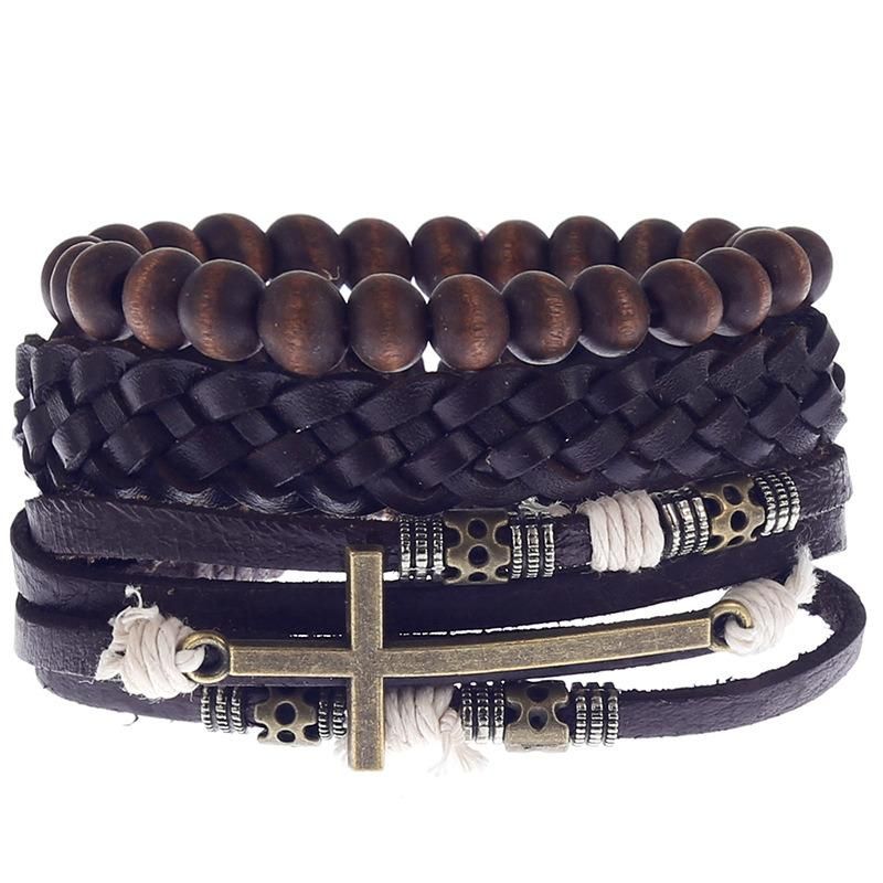 3 Piece Leather Cuff Bracelet for Men and Women Punk Rock Braided Bracelet Via Brown Black Wristband Handmade Jewelry