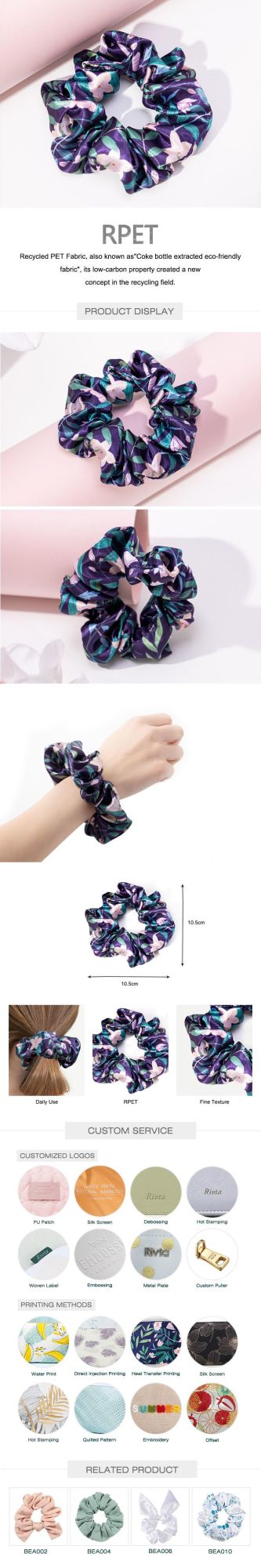 Sustainable Eco-Friendly Beautiful Flower Printing Recycled Pet Scrunchies