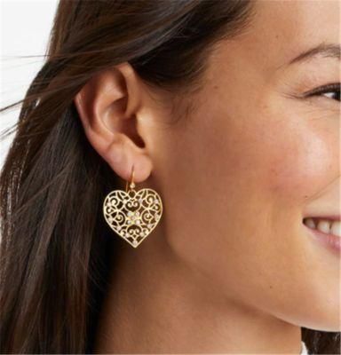 Women Fashion Accessories Geometric Filigree Heart Shape Statement Earring with Gemstone Glass Stone Jewelry