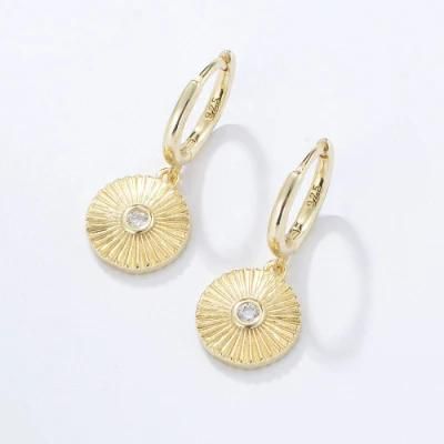 Wholesale Earrings Round Sun Pattern Huggie Shine White CZ Fashion Jewelry 14K Gold Colored