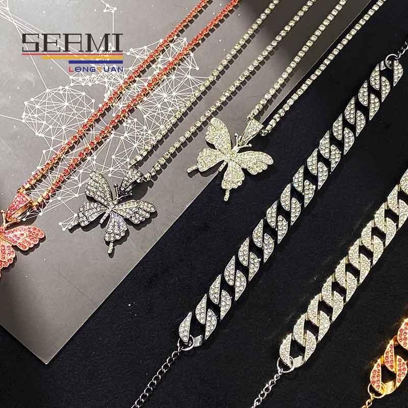 Cuban Beaded Chain Butterfly Layered Diamond Choker Necklace for Women