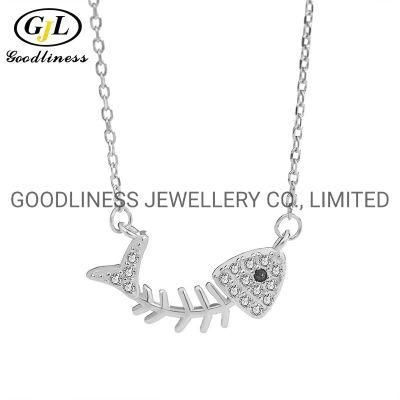 925 Sterling Silver Fish Bone CZ Necklace Fine Jewelry