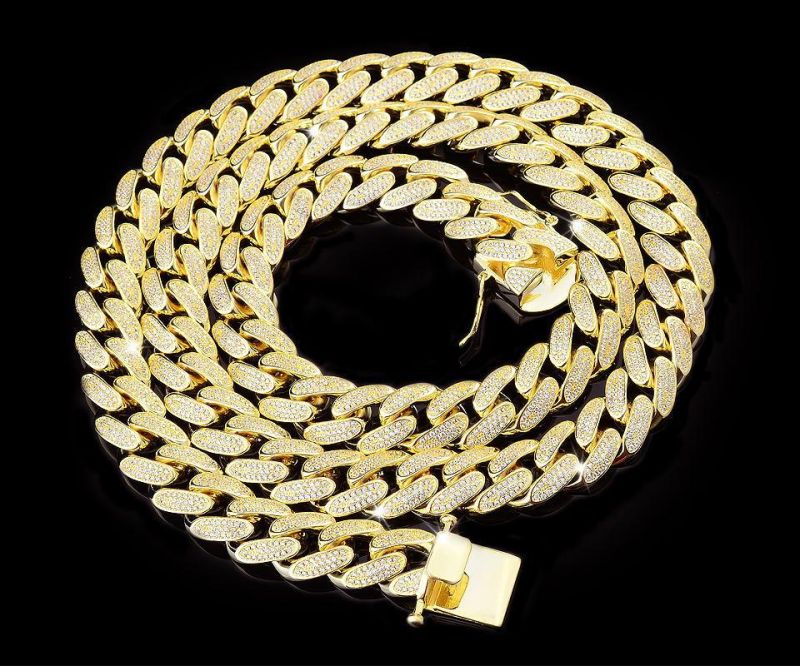 925 Sterling Silver Mens 18K Gold Cuban CZ Link Chain Bracelet Bangles