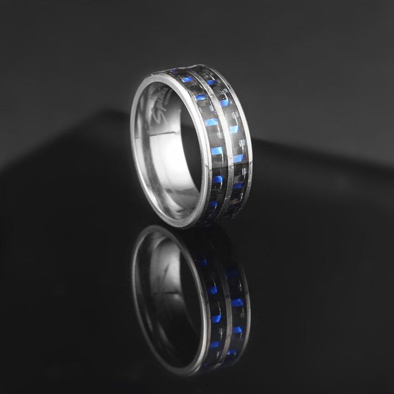 Black Blue Carbon Fiber Inlay Fits Comfortably on a Stainless Steel Ring for Men′s Wedding Rings