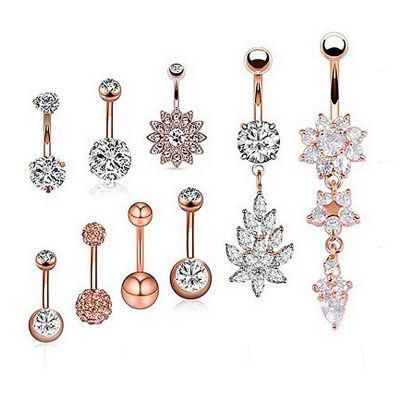 9PCS 14G Stainless Steel Belly Button Rings CZ Pineapple Dangling Dangle Navel Ring Body Piercing Jewelry