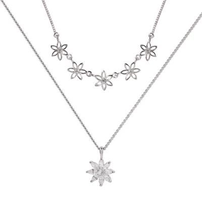 925 Silver Multi-Layered Flower Necklace CZ Pendant Jewelry, Double Layered Sakura Chain Necklace Jewelry for Women and Girls