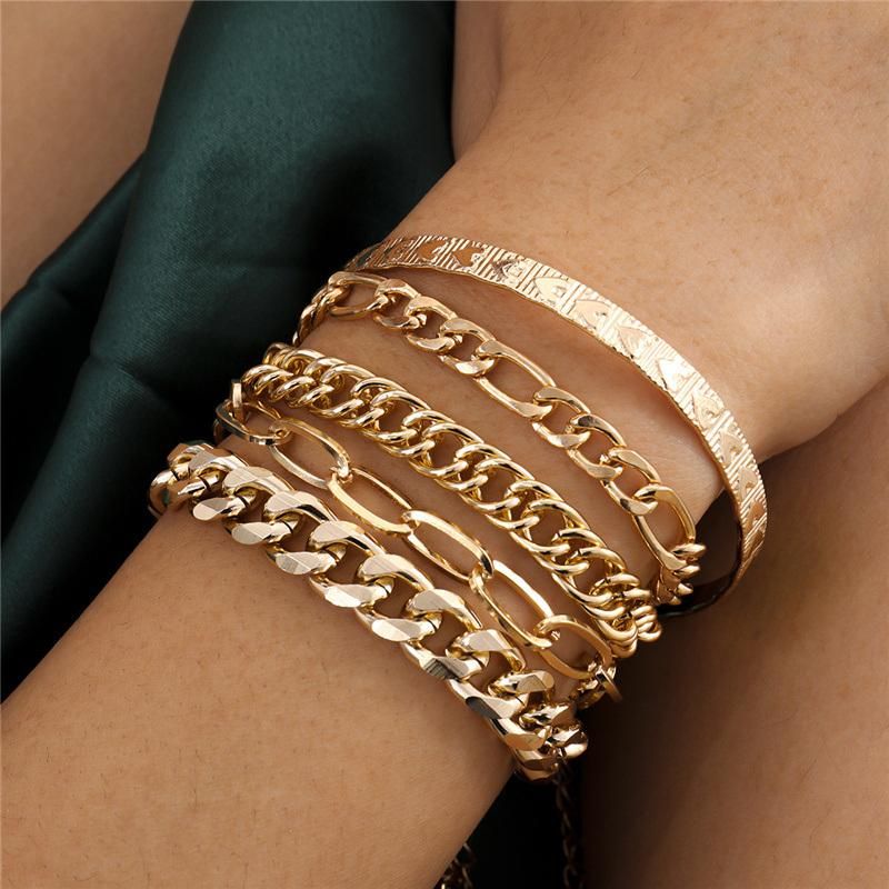 European and American Fashion Jewellery Gold and Silver Jewelry Heart-Shaped Print Bangle Punk Hip Hop Cuban Metal Chain Set Bracelet for Women