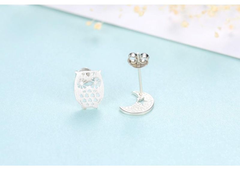 Double Color Owl and Moon Design 925 Sterling Silver Ear Stud