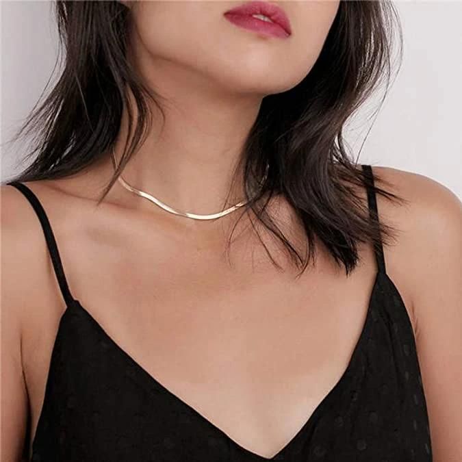 14K Real Gold Plated Flat Snake Chain Herringbone Choker Necklace for Women Men Jewelry